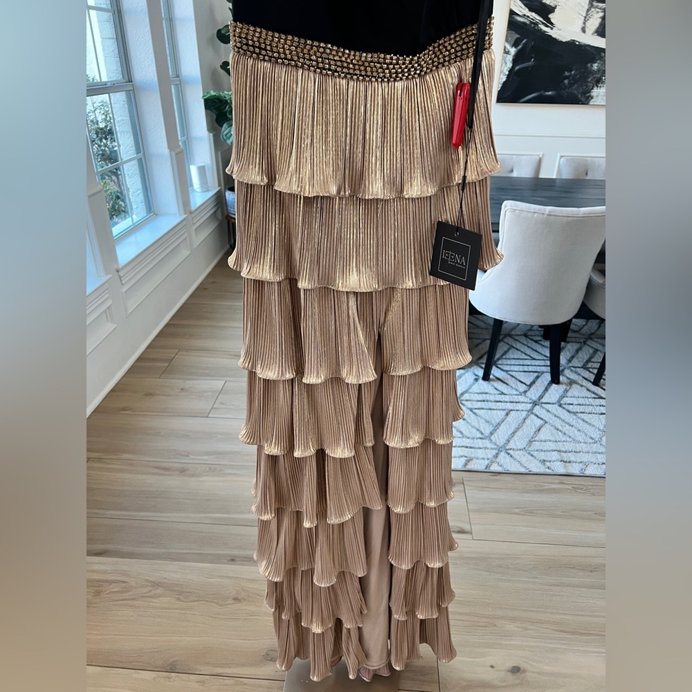 Mac Duggal Ieena One Shoulder Tiered Pleated Gown Black Gold Size 0 NWT - Picture 7 of 14